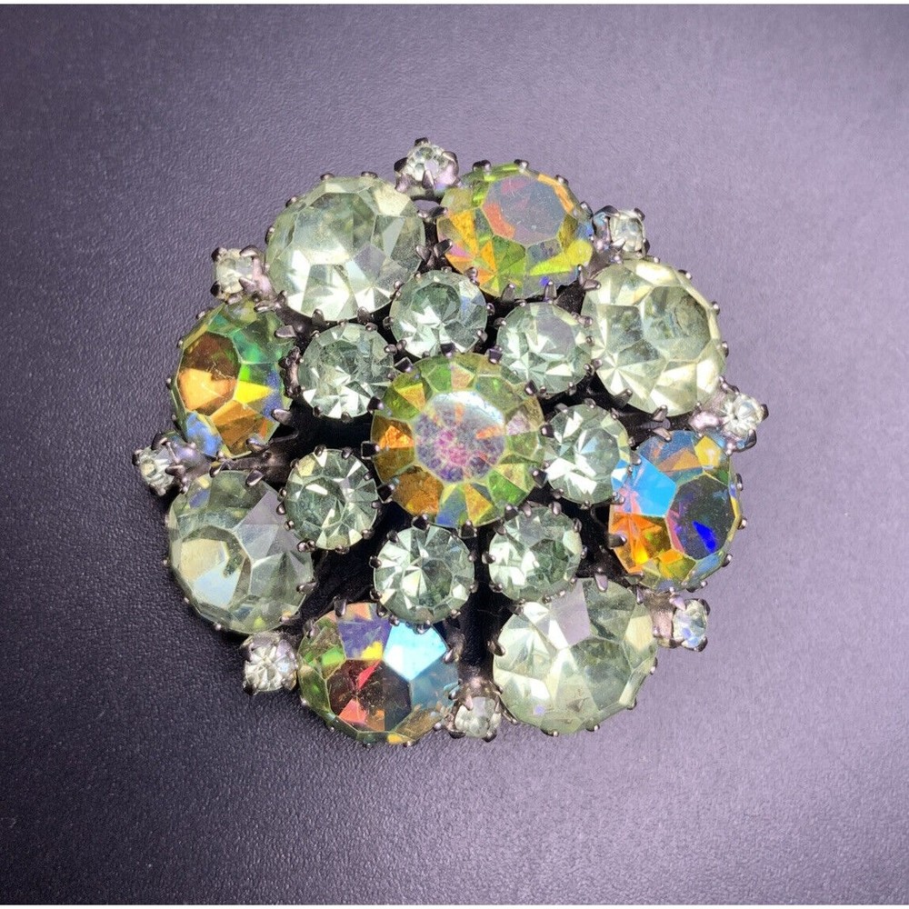 Weiss Brooch Pin Green Rhinestone Aurora Borealis AB Round Domed Signed Vintage
